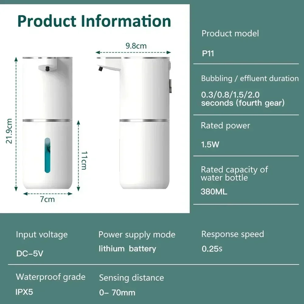 380ML Automatic Foam Soap P11 Dispenser Bathroom Smart Washing Hand Machine with USB Charging White ABS Material
