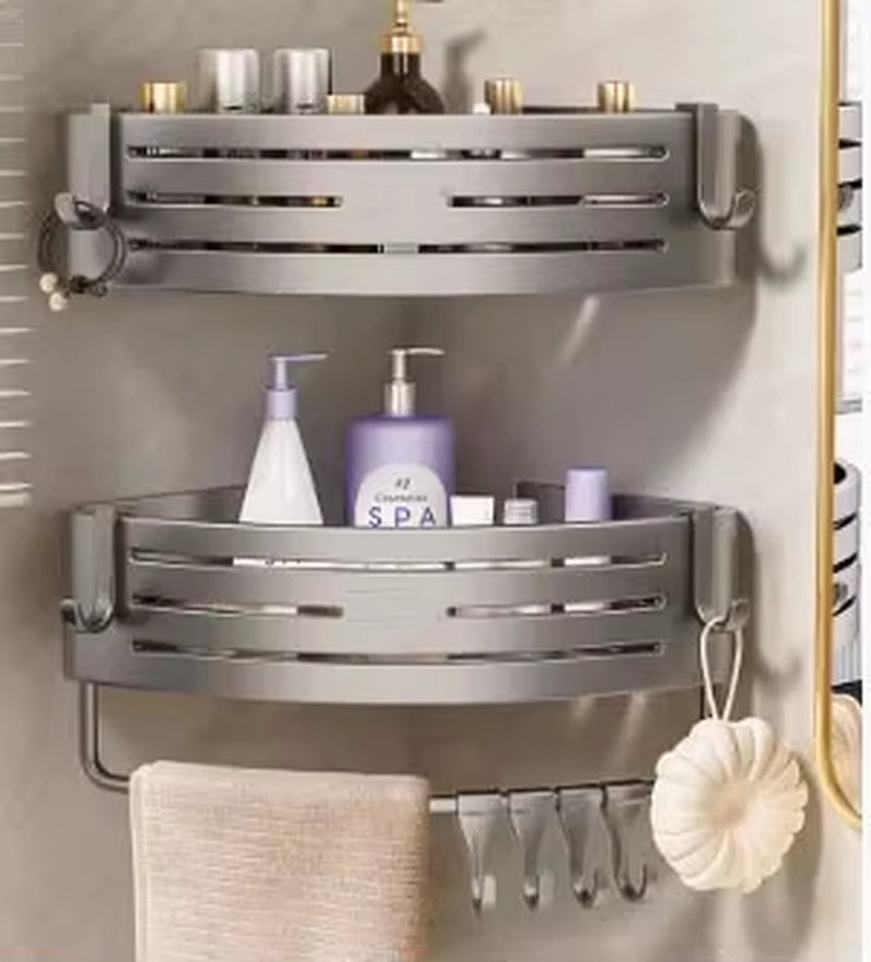 Shower Corner Shelf with Towel Bar – No-Drill Space Aluminum Bathroom Organizer with Hooks