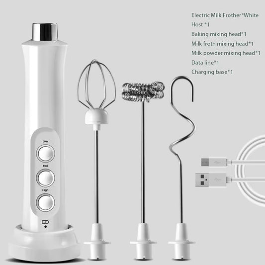 Rechargeable 3-in-1 Milk Frother – Electric Handheld Foam Maker with Mixing Heads