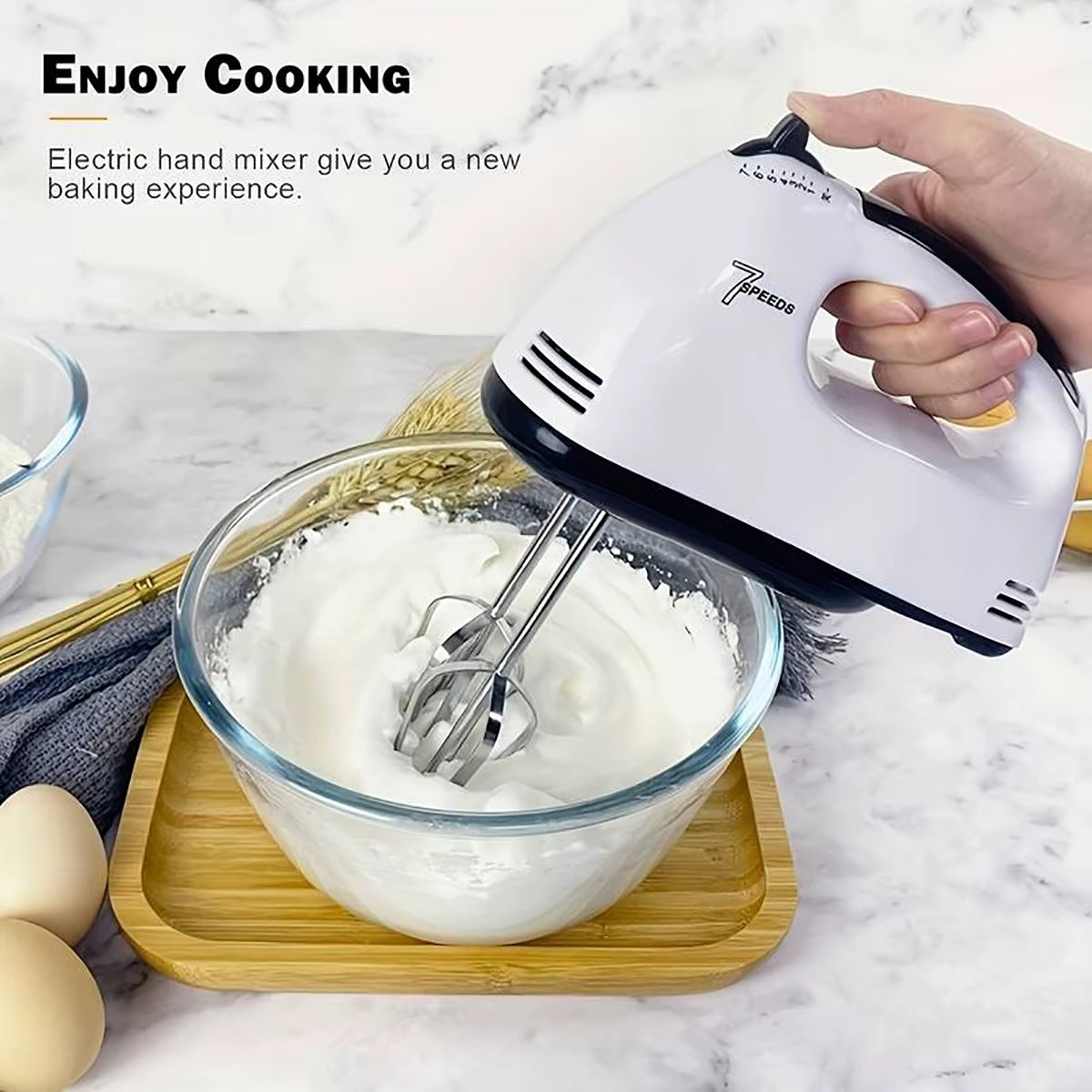 Handheld Electric Egg Beater, Household Automatic Mixer, Egg White and Cream Beater, Mini 7-Speed White