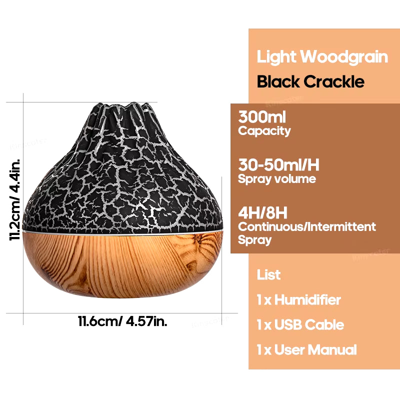 Volcano Air Humidifier 300ml – USB Cool Mist Diffuser with Ambient Night Light