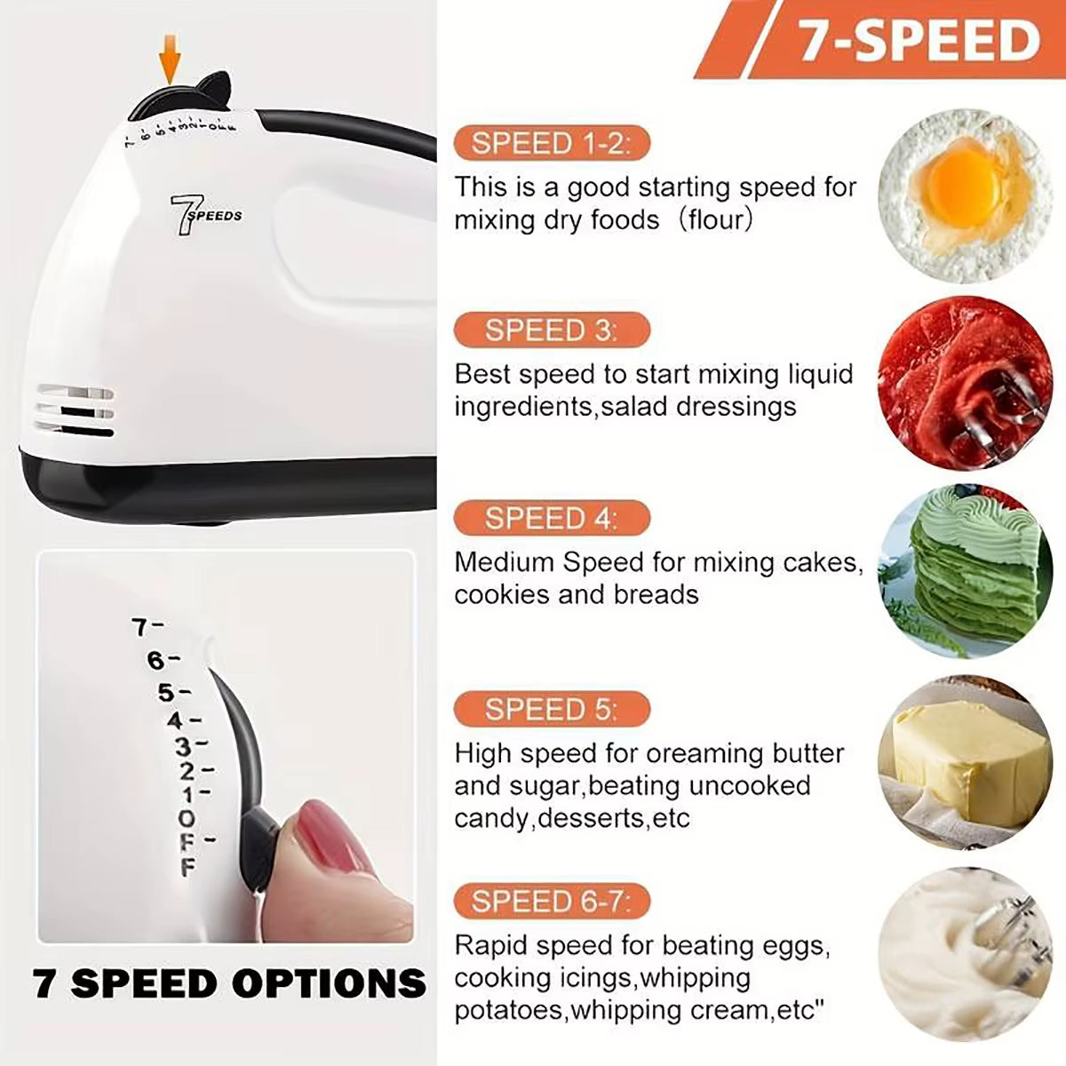 Handheld Electric Egg Beater, Household Automatic Mixer, Egg White and Cream Beater, Mini 7-Speed White