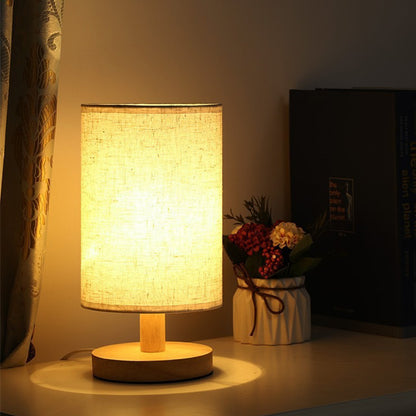 Dimmable LED Table Lamp – Bamboo Base & Fabric Shade, USB Bedside Light for Bedroom or Desk