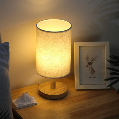 Dimmable LED Table Lamp – Bamboo Base & Fabric Shade, USB Bedside Light for Bedroom or Desk