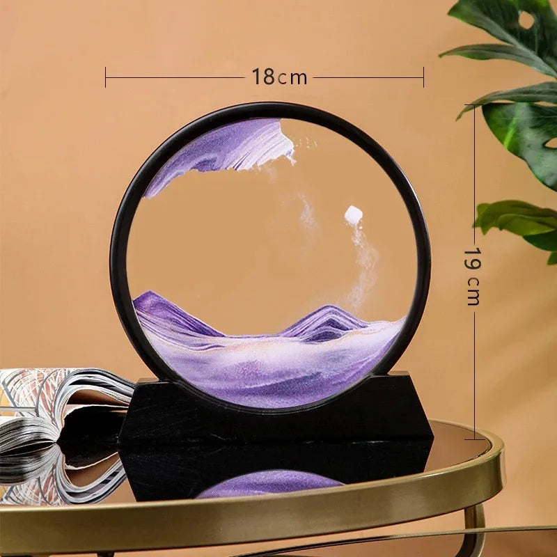 3D Moving Sand Art Picture - 7 Inch Round Glass Ocean Sandscape Hourglass Quick Sand Painting for Home Decor