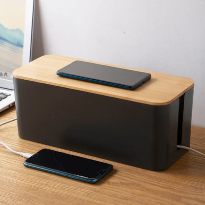 Elegant Bamboo Cable Management Box with Wire Organizer and Power Cord Storage for Desk, Home, or Office