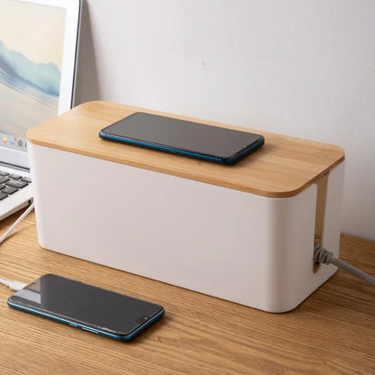 Elegant Bamboo Cable Management Box with Wire Organizer and Power Cord Storage for Desk, Home, or Office