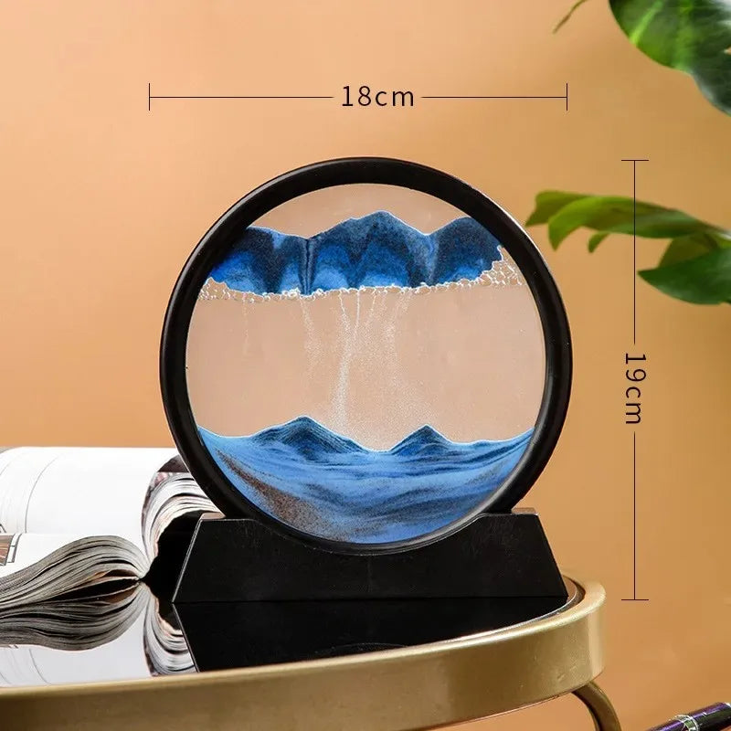 3D Moving Sand Art Picture - 7 Inch Round Glass Ocean Sandscape Hourglass Quick Sand Painting for Home Decor