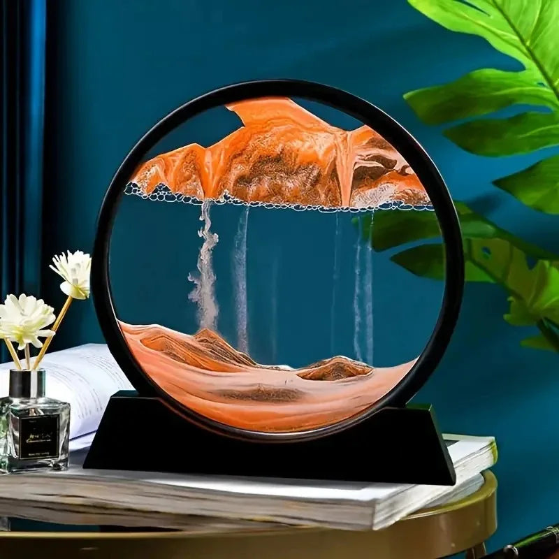 3D Moving Sand Art Picture - 7 Inch Round Glass Ocean Sandscape Hourglass Quick Sand Painting for Home Decor