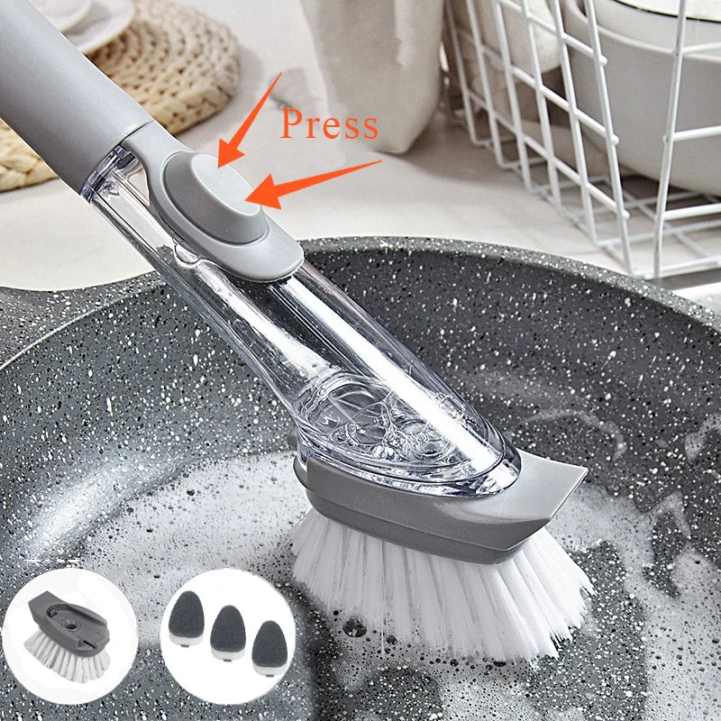 2-in-1 Long Handle Dishwashing Brush with Removable Sponge and Soap Dispenser – Kitchen Cleaning Tool