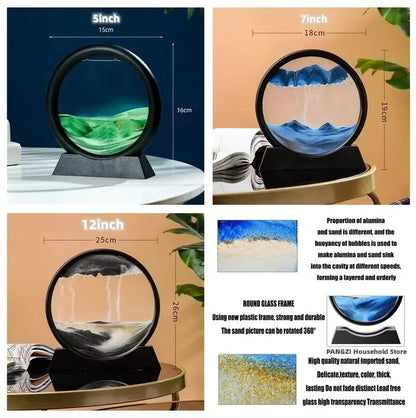 3D Moving Sand Art Picture - 7 Inch Round Glass Ocean Sandscape Hourglass Quick Sand Painting for Home Decor
